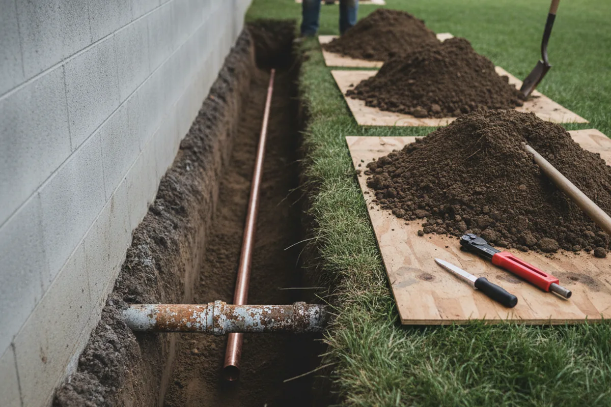Excavated water line trench during Water Softener Installation in Fairland